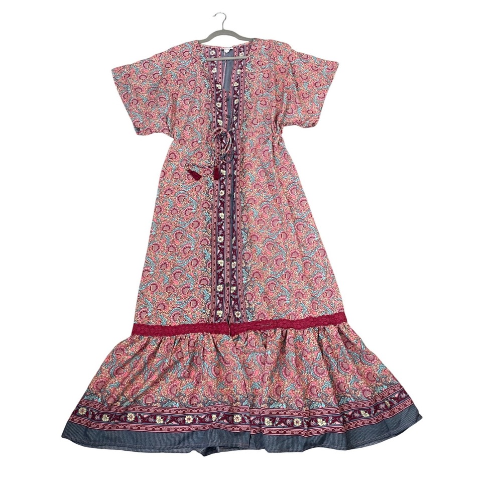 boemo‎ Womens Pink Floral Paisley Maxi Dress Short Sleeve Boho R4338 Size L